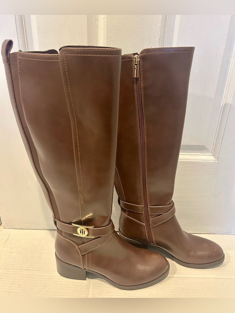Tommy Hilfiger Brown Tall Riding Boots with Gold Logo Accent